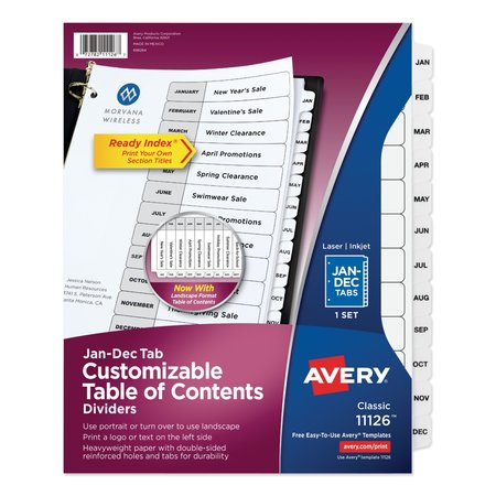 AVERY DENNISON Index Dividers 8-1/2 x 11" Monthly Jan-Dec, White, PK12 11126